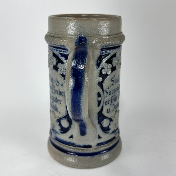 Vtg German Stein Beer Mug Cobalt Blue Grey Salt Glazed 16 oz Embossed Rustic 90s - Picture 3 of 13